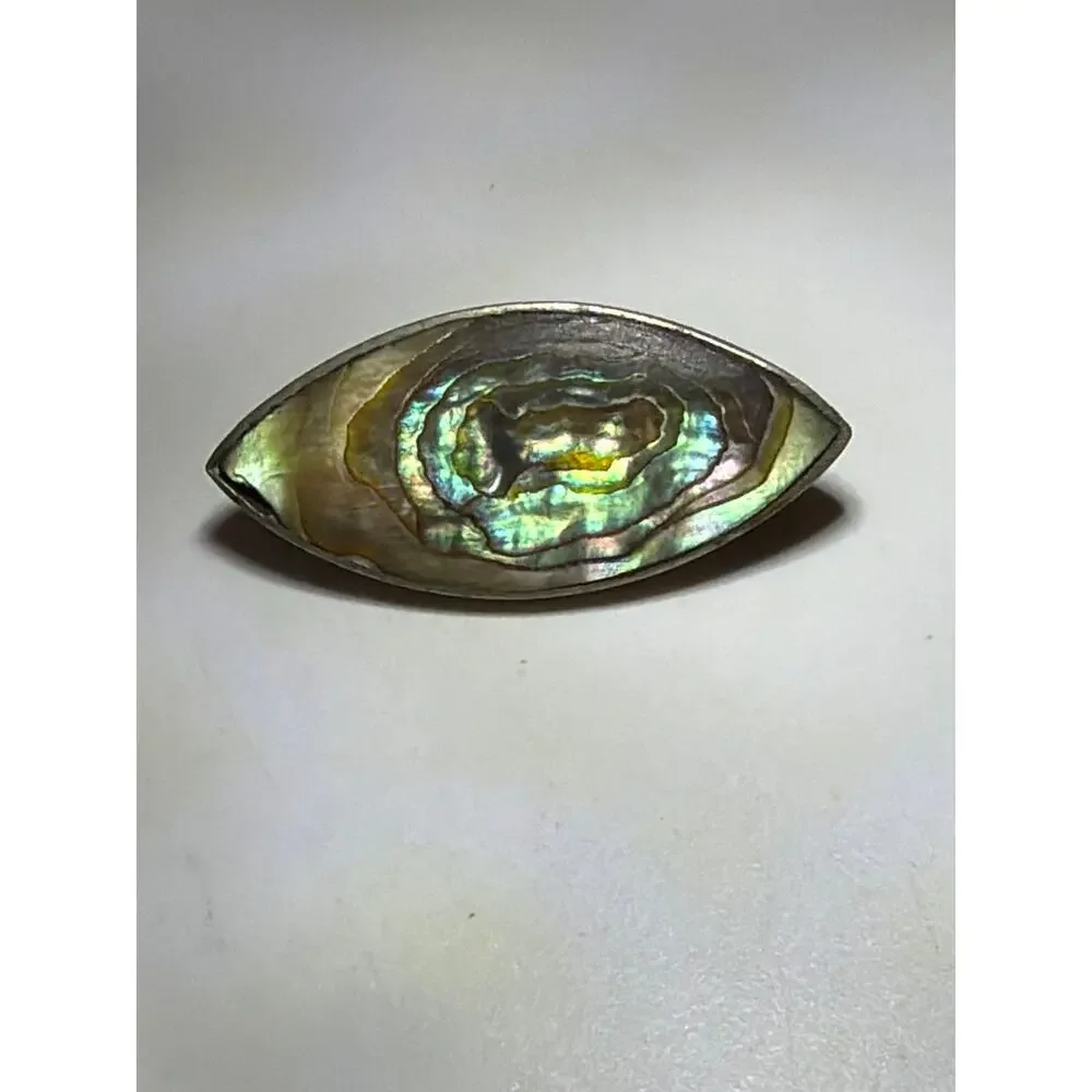 Vintage Abalone Shell Marquise Brooch Pin Sterling Silver Mother of Pearl MOP